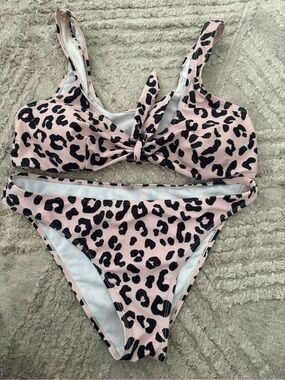 Leopard Print Tie-Front Bikini Set in Blush and Black medium